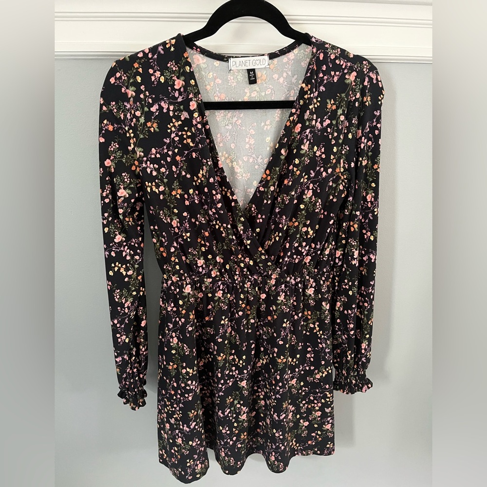Planet Gold Black Floral Long Sleeve Dress with Pink and Green Accents